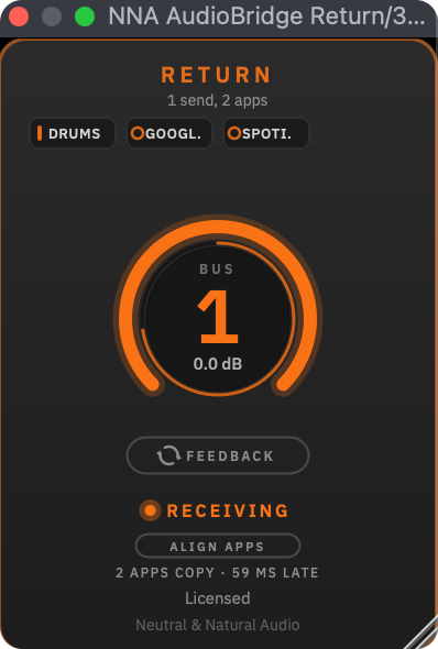 Le plug-in Return sur le bus 1 : il reçoit le Send de la piste Drums, Google Chrome et Spotify